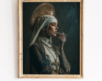 Gothic Nun Portrait with Tattoos – Edgy Digital Painting (Digital Download)