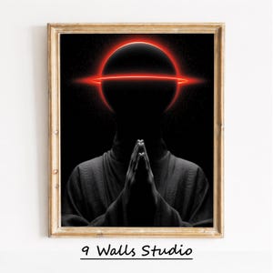 Könnte beinhalten: Gerahmter Kunstdruck mit einer schwarzen Silhouette einer Person mit gefalteten Händen. Ein roter Leuchtring umgibt den Kopf vor dunklem Hintergrund. Die Worte "9 Walls Studio" stehen unten.