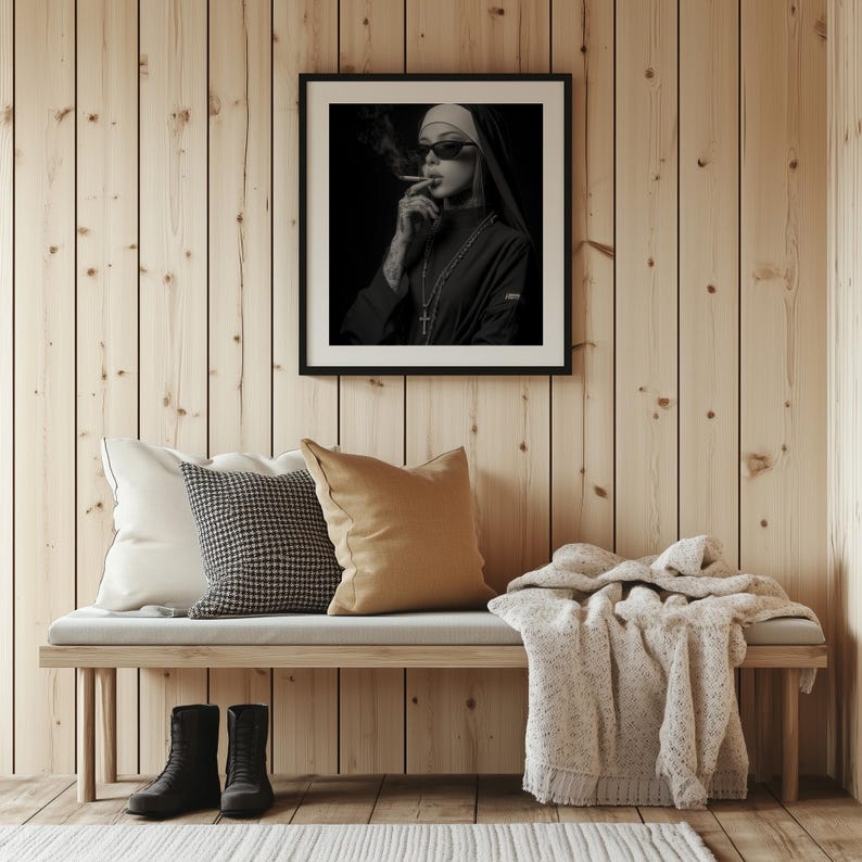 Provocative portrait of a nun with tattoos digital print for living space — high-contrast artwork embodying a noir-modern aesthetic.