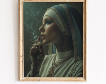Moody Tattooed Nun Portrait – Edgy Gothic Realistic Wall Art (Digital Download)