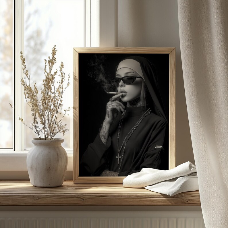 Striking nun smoking a cigarette wall art for home office — moody black-and-white portrait with edgy gothic vibes and dramatic lighting.