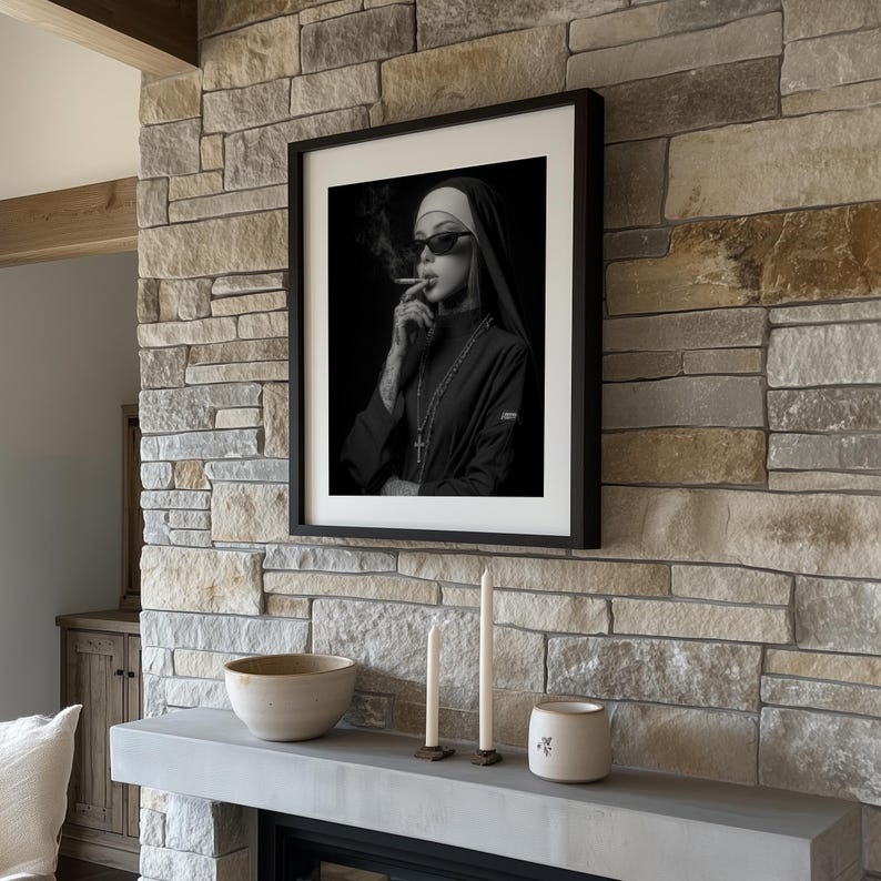 Stylish nun with cigarette wall decor for modern loft — provocative, high-contrast portrait capturing a unique and edgy aesthetic.