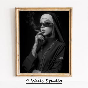 Edgy nun with crucifix artwork for office — dramatic black-and-white portrait creating an intense yet sophisticated atmosphere.