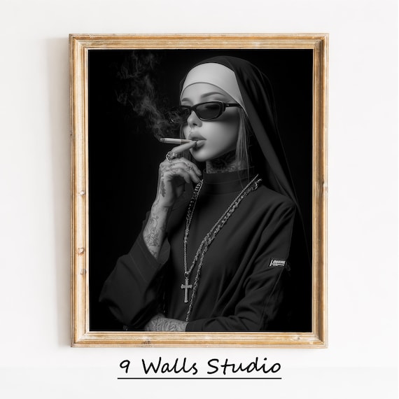 Moody Gothic Nun Smoking Portrait - Edgy Noir Black & White Art, Stunning Monochrome Decor, Printable Dramatic Wall Art Digital 177