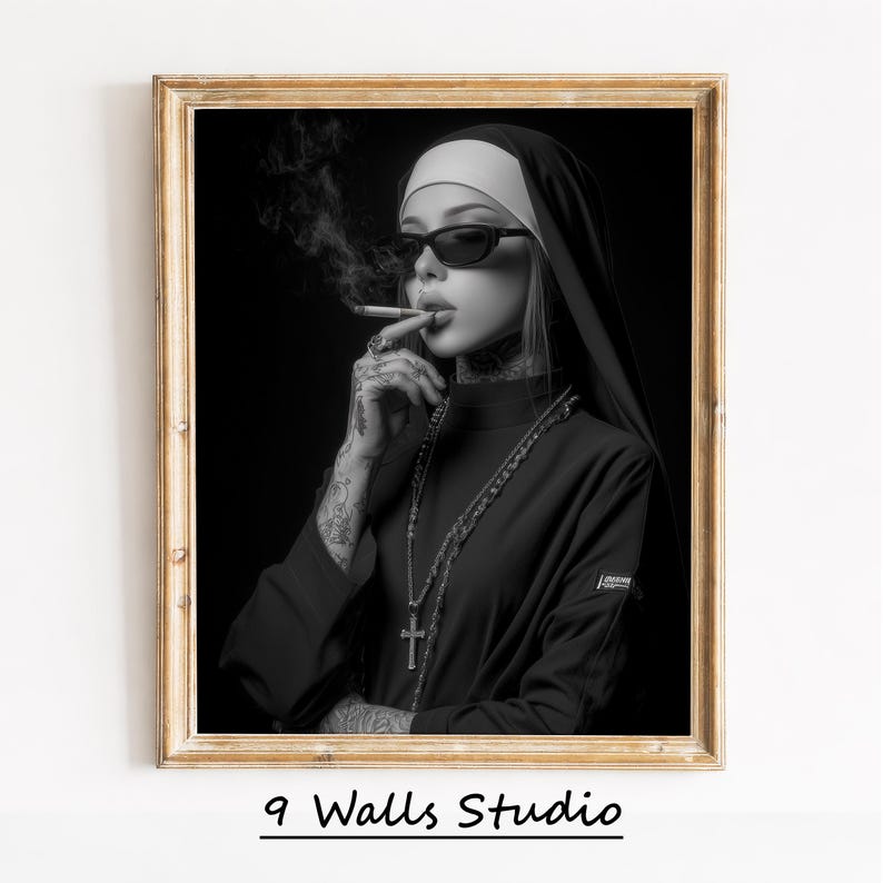 Edgy nun with crucifix artwork for office — dramatic black-and-white portrait creating an intense yet sophisticated atmosphere.