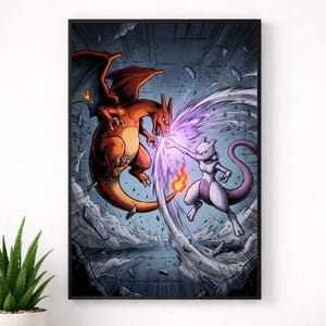 May include: A framed print featuring a dynamic battle scene between Charizard, a large orange dragon, and Mewtwo, a purple humanoid creature. The artwork depicts a clash of energy, with purple blasts and fiery details, set against a blue and gray background.