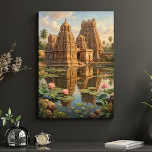 Indian Temple Wall Art Printable – Lotus Reflection Poster – Spiritual Architecture Art – Digital Download