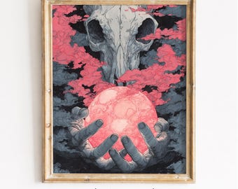 Gothic Skull Orb Art Print – Moody Surreal Hand-drawn Poster (Digital Download)
