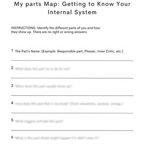 May include: A white worksheet titled "My parts Map: Getting to Know Your Internal System." The worksheet includes instructions and prompts to identify internal parts. The text includes questions such as "What does this part do for me?" and "What does this part need from me today?"
