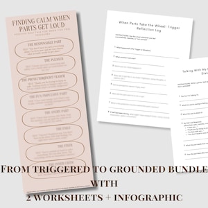 May include: A bundle of self-help worksheets and an infographic. The infographic is a light tan colour with text that reads "Finding Calm When Parts Get Loud." The worksheets are white with black text. The bundle is titled "From Triggered to Grounded."