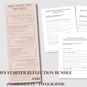 May include: An IFS Starter Reflection Bundle with three worksheets and an infographic. The bundle includes a pink infographic titled "When Parts Take The Wheel" and three white worksheets with prompts for self-reflection.