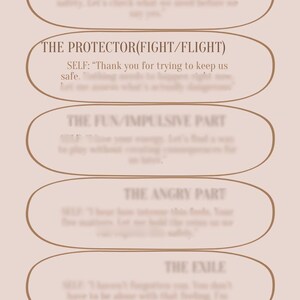 May include: A beige graphic with text: "FINDING CALM WHEN PARTS GET LOUD." It lists parts of the self, including "The Responsible Part" and "The Pleaser." The text is in a brown serif font on a light beige background.