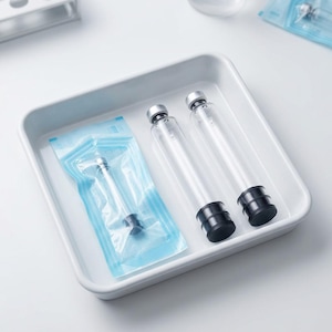 Puede incluir: Una bandeja rectangular blanca que contiene dos viales cilíndricos de vidrio transparente con tapas de metal plateado y tapones de goma negra, junto a un vial de vidrio más pequeño sellado en una bolsa médica azul y transparente.