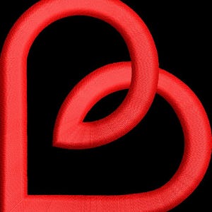 May include: A red, intertwined heart-shaped design against a black background. The design appears to be embroidered or stitched, with a textured, raised appearance. The two loops intersect, creating a visual representation of connection or love.
