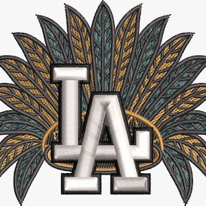 May include: Embroidered patch featuring the letters "LA" in white, set against a backdrop of stylized feathers in teal, gold, and black. The design is framed by a gold ring, creating a decorative emblem.