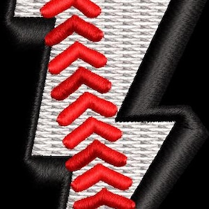 May include: Embroidered patch in the shape of a lightning bolt. The bolt is black with a white centre, and red stitching that resembles a baseball seam. The patch has a textured appearance.