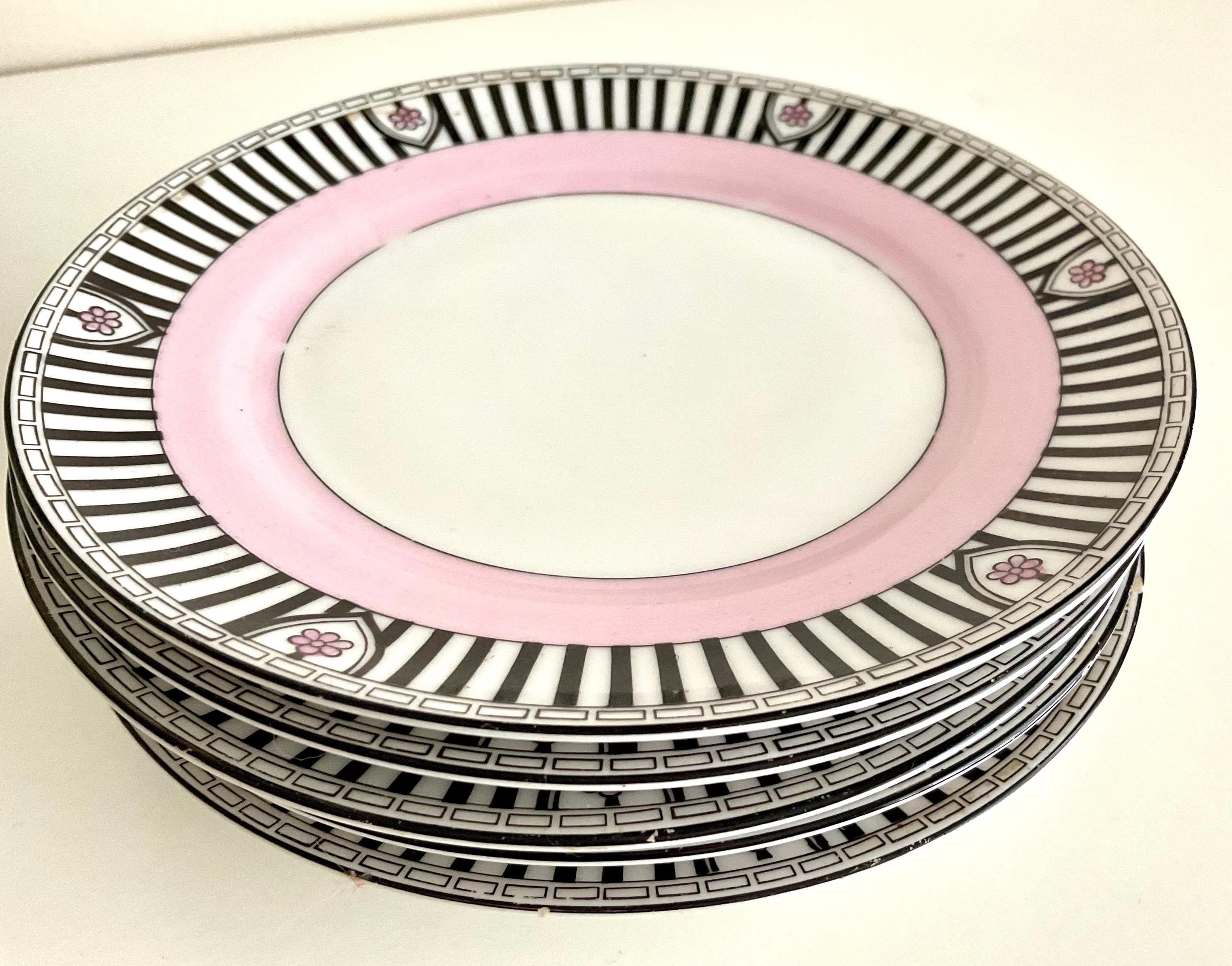 Vintage Noritake China Dessert Dishes Pink and Black Stripes Set