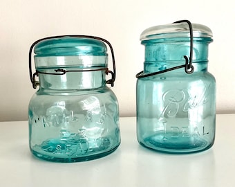 蓋付きヴィンテージガラスジャー：ボール、アトラス、二重安全 - 3個