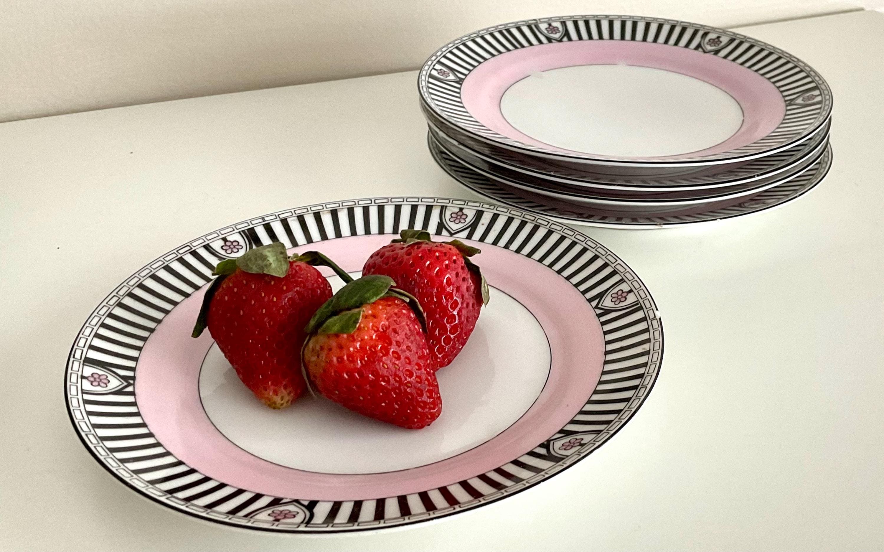 Vintage Noritake China Dessert Dishes Pink and Black Stripes Set