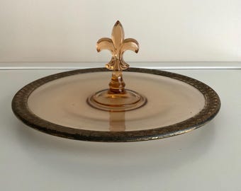 Vintage Fostoria Bernsteinfarbenes Glas Tablett mit Fleur De Lis