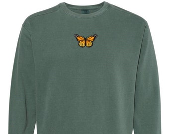 Butterfly Embroidered Patch COMFORT COLORS Blue Spruce Green Unisex Crewneck Sweatshirt Limited Edition