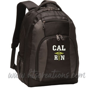 May include: Black and gray backpack with a zippered pocket and a large embroidered patch that says "CAL RN" with a caduceus symbol.