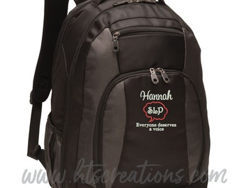 Backpack Personalized Speaking Bubble Speech Language Pathologist SLP Everyone Deserves a Voice Autism Monogrammed Embroidered Bag