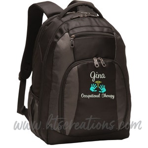 Backpack Personalized Caduceus Handprints OT SLP Occupational Therapy Therapist Medical Assistant Embroidered Waterbottle Holder