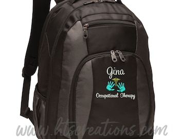Backpack Personalized Caduceus Handprints OT SLP Occupational Therapy Therapist Medical Assistant Embroidered Waterbottle Holder