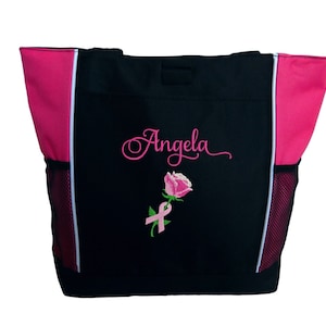 Personalized Pink Breast Cancer Ribbon Rose Oncology Survivor Charity Nurse RN BSN CNA Zippered Monogrammed Tote Bag Gift Appreciation