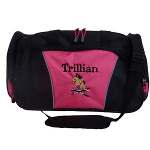 Duffel bag personalizado cavalo saltando equestre jóquei esportes bagagem monogramado rosa quente real vermelho cinza caçador verde
