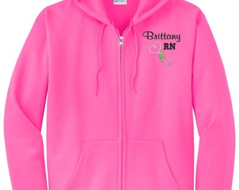 Nursing Nurse Student Custom Personalized Embroidered Upside Down Heart Steth Monogram Unisex Zippered Hoodie Sweatshirt RN BSN ER Emt Cna