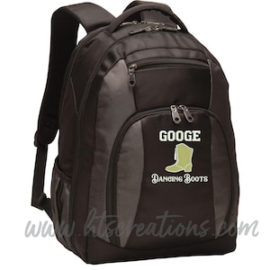 May include: Black backpack with gray accents and multiple zippered compartments. The front features the text "GOOGE" above a green boot graphic, with "DANCING BOOTS" below. The website address www.htscreations.com is at the bottom.