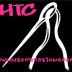 May include: A black background with white line art of a needle and thread. The letters "HTC" are in pink at the top, and the website address "www.htscreations.com" is in pink at the bottom.