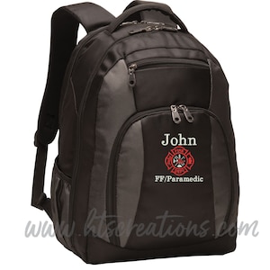 May include: Black backpack with a gray panel featuring a red firefighter emblem and the text "John FF/Paramedic".