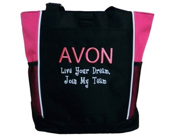 Tote Bag Custom Embroidered AVON Live Your Dream Join My Team Any Text 3 Lines Pink Website Pampered Chef Southern Living Silpada