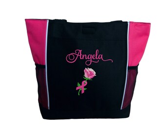 Personalized Pink Breast Cancer Ribbon Rose Oncology Survivor Charity Nurse Fight Cure Mom Zippered Monogrammed Tote Bag Gift Appreciation
