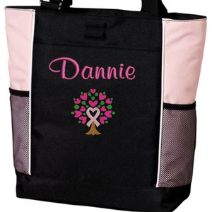 Personalized Pink Breast Cancer Ribbon Tree Oncology Survivor Charity Nurse RN BSN CNA Zippered Monogrammed Tote Bag Gift Appreciation