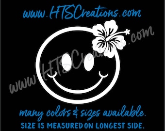 Smiley face flor hibisco havaiano decalque de vinil adesivo portátil carro barco prancha espelho vaidade aloha verão smileyfacehibiscus2