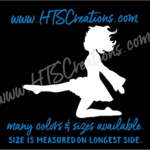 Puede incluir: Silueta blanca de una niña en una pose de baile, con el texto "www.HISCreations.com" y "many colors & sizes available. SIZE IS MEASURED ON LONGEST SIDE." debajo.