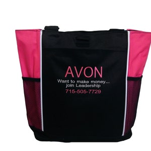 Tote Bag Custom Embroidered AVON Want Make MoneyJoin Leadership Any Custom Text 3 Lines Website Advertising Pink Make-up Mascara Lipstick