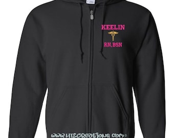Sjuksköterska, sjuksköterskestudent, personlig broderad, medicinsk assistent, monogram, dragkedja, huvtröja, RN, BSN, ER, Pt Cna, Lvn, MSN