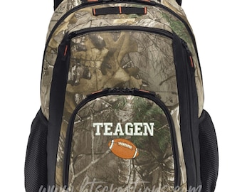 CAMO Backpack Camouflage Real Tree Pattern Personalized FOOTBALL FLAG Sports School Travel Hunting Camping Monogrammed Embroidered Bag