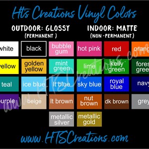 Pode incluir: Um gr&aacute;fico que mostra cores de vinil para uso interno e externo. O gr&aacute;fico &eacute; dividido em duas se&ccedil;&otilde;es, uma para cores externas brilhantes e outra para cores internas foscas. As cores s&atilde;o dispostas em linhas e colunas, com cada cor etiquetada com seu nome. O gr&aacute;fico tamb&eacute;m inclui o texto "Hi's Creations Vinyl Colors" e "www.HISCreations.com".