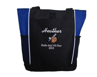 Tote Bag Personalized Coach Gift Team Mom Competition Baseball Bat Glove Pitcher Name Number T-ball