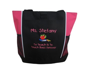 Tote Bag Personalized Teacher Aide Counselor Apple Books Worm To Teach is to Touch Lives Forever Pink Royal Blue Lime Green Red Hunter