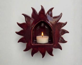 Ręcznie robiony ceramiczny świecznik ścienny w kształcie słońca – kinkiet Boho Spiritual Pottery