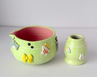 Hanmade Kawaii Matcha Bowl Set - Ceramic Matcha Bowl - Whisk Holder - Green Kawaii Tea Set - Gift for Matcha Lovers