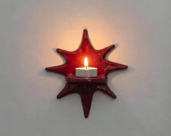 Handmade Ceramic Sun Wall Candle Holder, Red Glazed Sconce, Tealight Holder, Boho Wall Decor, Mid Century Sunburst, Cozy Home Gift