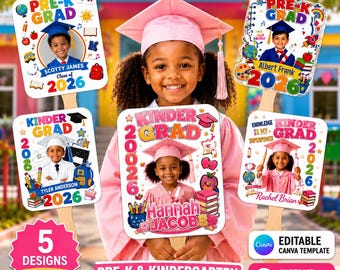 May include: A digital bundle of five graduation fan templates for Pre-K and Kindergarten, featuring colourful graphics of graduation caps, school supplies, and the text Pre-K Grad and Kinder Grad with the year 2026, designed for Canva editing.